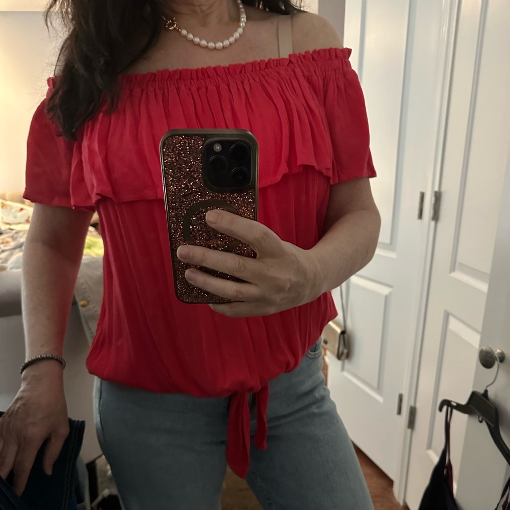 Express Red Ruffled Tie Front Short Sleeve Blouse